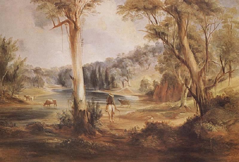 Conrad Martens Australian Landscape with cattle and a stockman at a creek China oil painting art